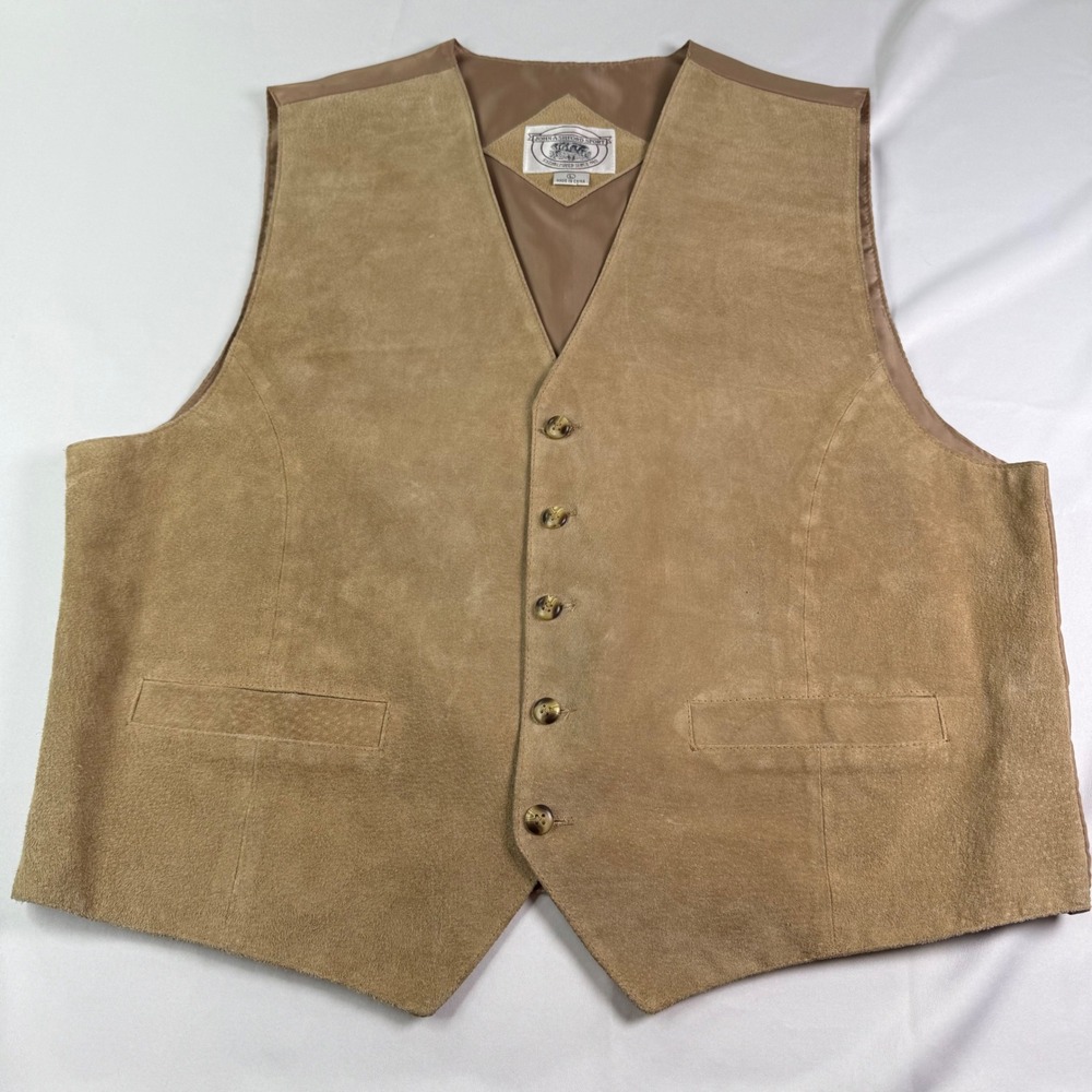 John Ashford Sport Mens Tan Suede Leather Vest Button Front Cinch Back Large